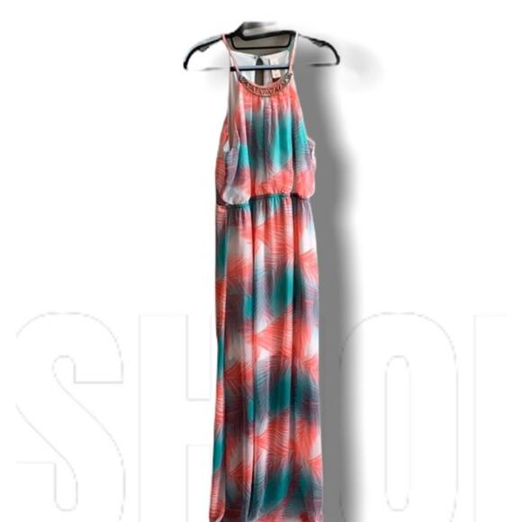 No Boundaries Peachy Palm Print & Mint Halter Maxi Dress-size Medium - Picture 3 of 7